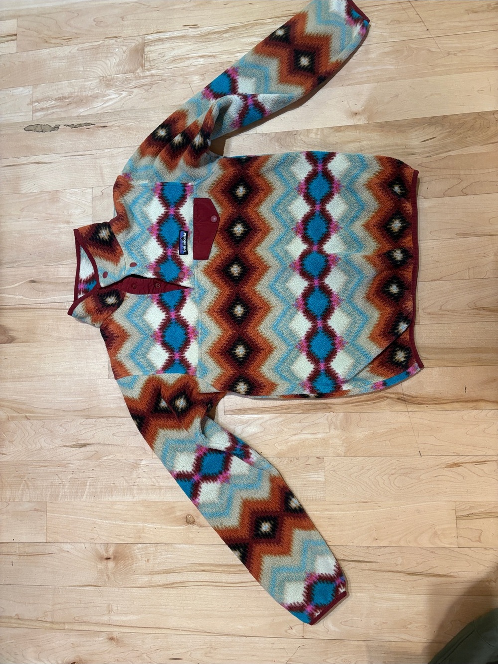Patagonia Multicolor Geometric Zip-Front Fleece — Turquoise, Rust, Magenta